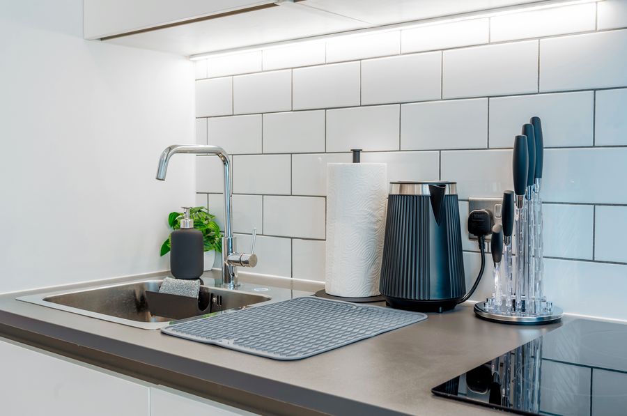 Close view of the kitchen worktop and sink